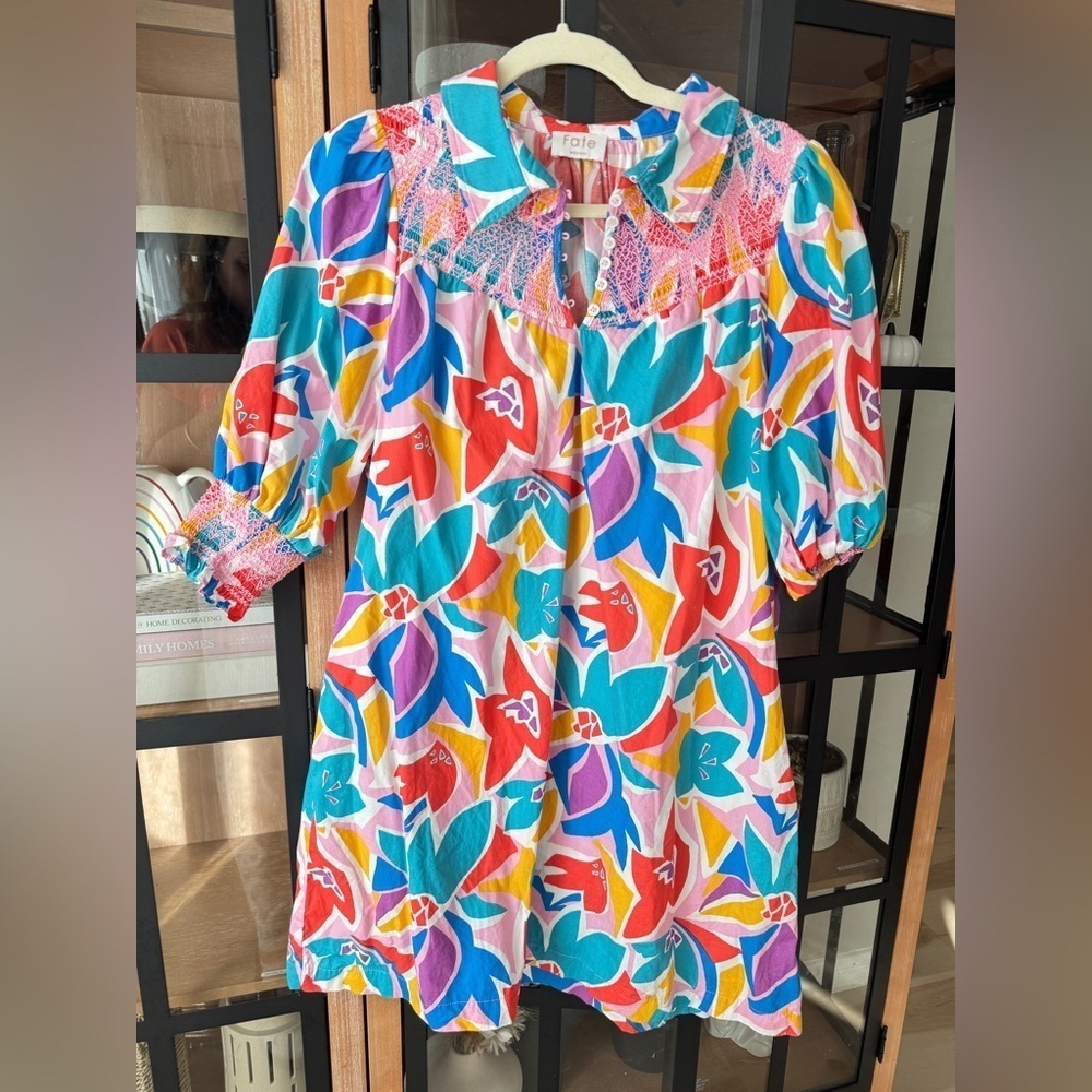 Fate smocked mini dress colorful print collar pockets 3/4 long sleeve floral